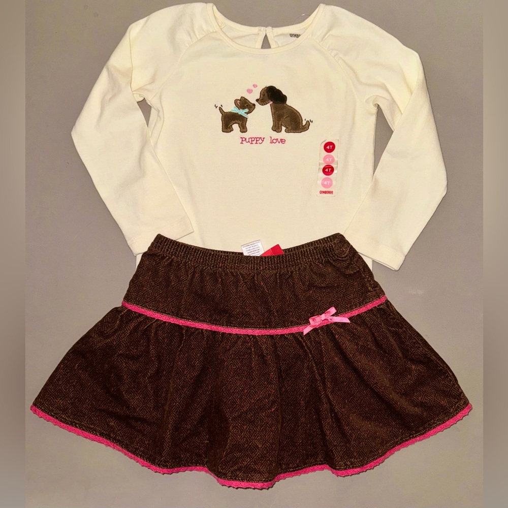 NEW Gymboree girls Outfit 4 shirt skirt Primrose brown Skort cream puppy top tee - Picture 2 of 5